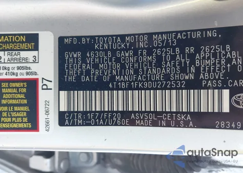 2013 Toyota Camry Se from USA, damaged, VIN 4T1BF1FK9DU272532